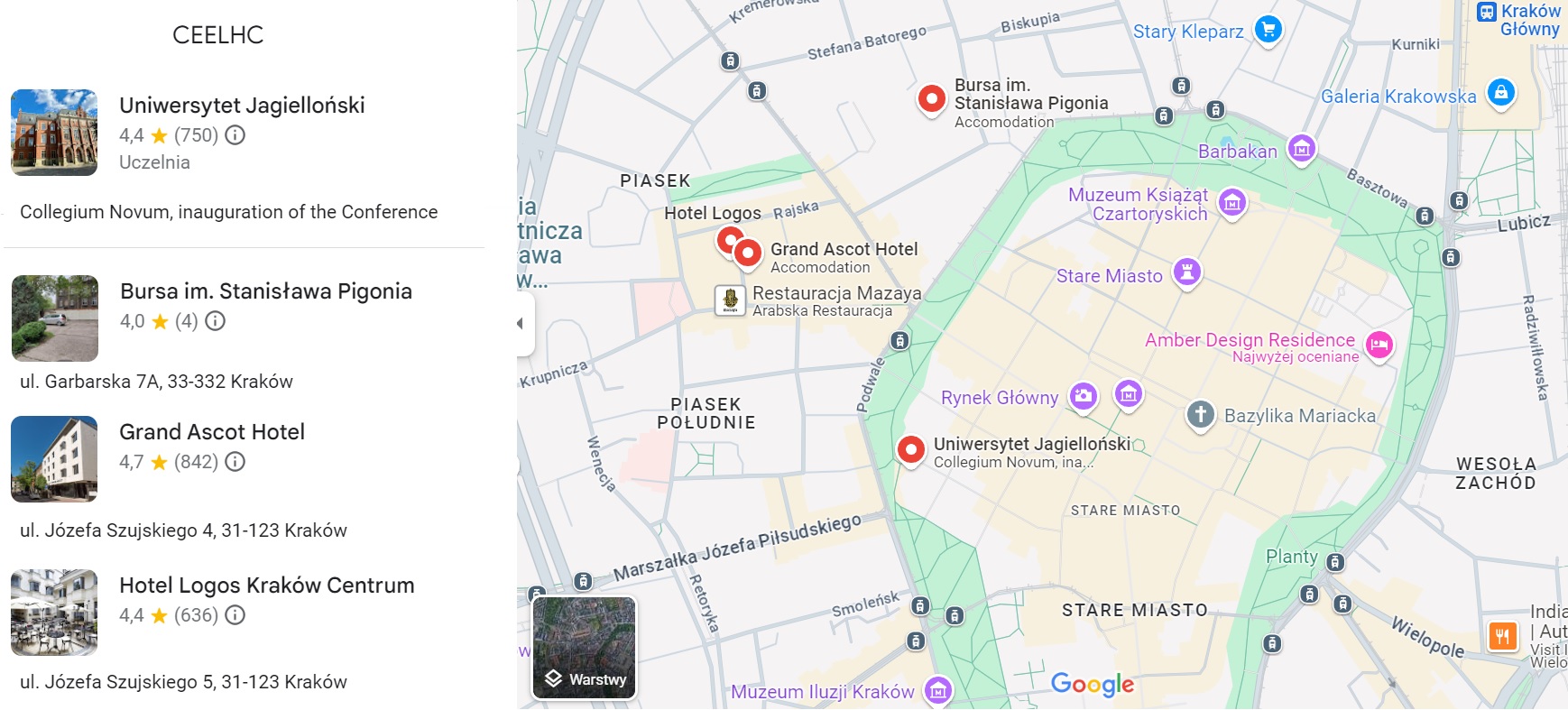 map with marked accommodation places